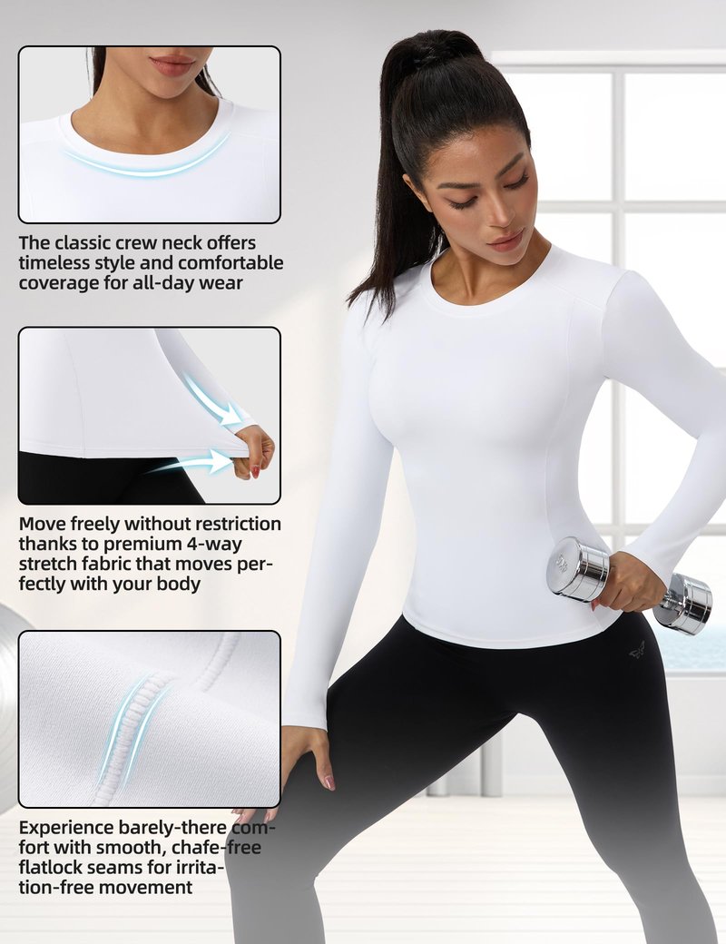SPVISE White Long Sleeve Compression Shirt Women Workout Tops Quick Dry Athletic Base Layer Undershirts for Gym Yoga Running