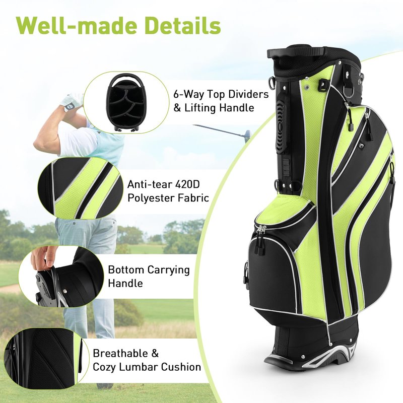 SPORFIT Golf Stand Bag with 6 Way Dividers, Lightweight Golf Club Bag w/ 8 Pockets, Rain Hood, Ergonomic Straps, Portable Golf Bag for Men Women (Green)
