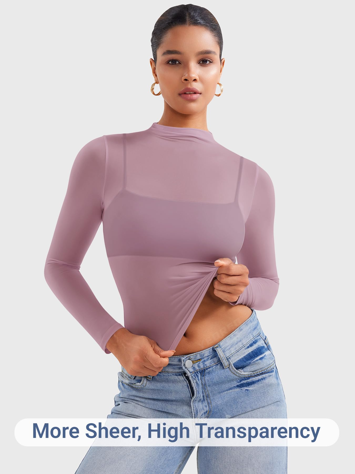 YEOREO Womens Sheer Tops Long Sleeve See Through Tops Mock Neck Slim Fit Workout Shirt Jamy Going Out Sexy Shirts Lilac Smoke M