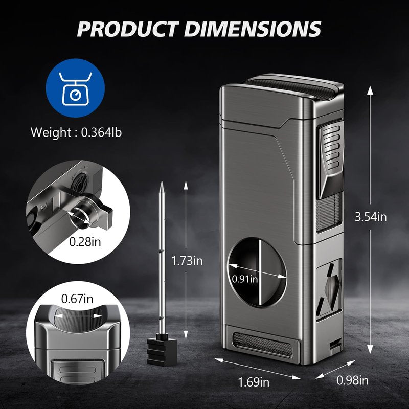 Tesonway Cigar Torch Lighter, 4 Jet Flame Cigar Lighter with Cigar Cutter V Cut Cigar Accessories Cigar Holder Cigar Punch Cigar Draw Enhancer, Windproof Refillable Butane Lighter, Cigar Gifts for Men