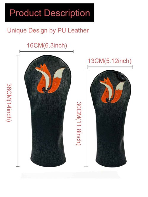 Fox PU Leather Golf Club Covers Driver Headcovers Fairway Woods Hybrid Protector with Interchangeable Number Tag