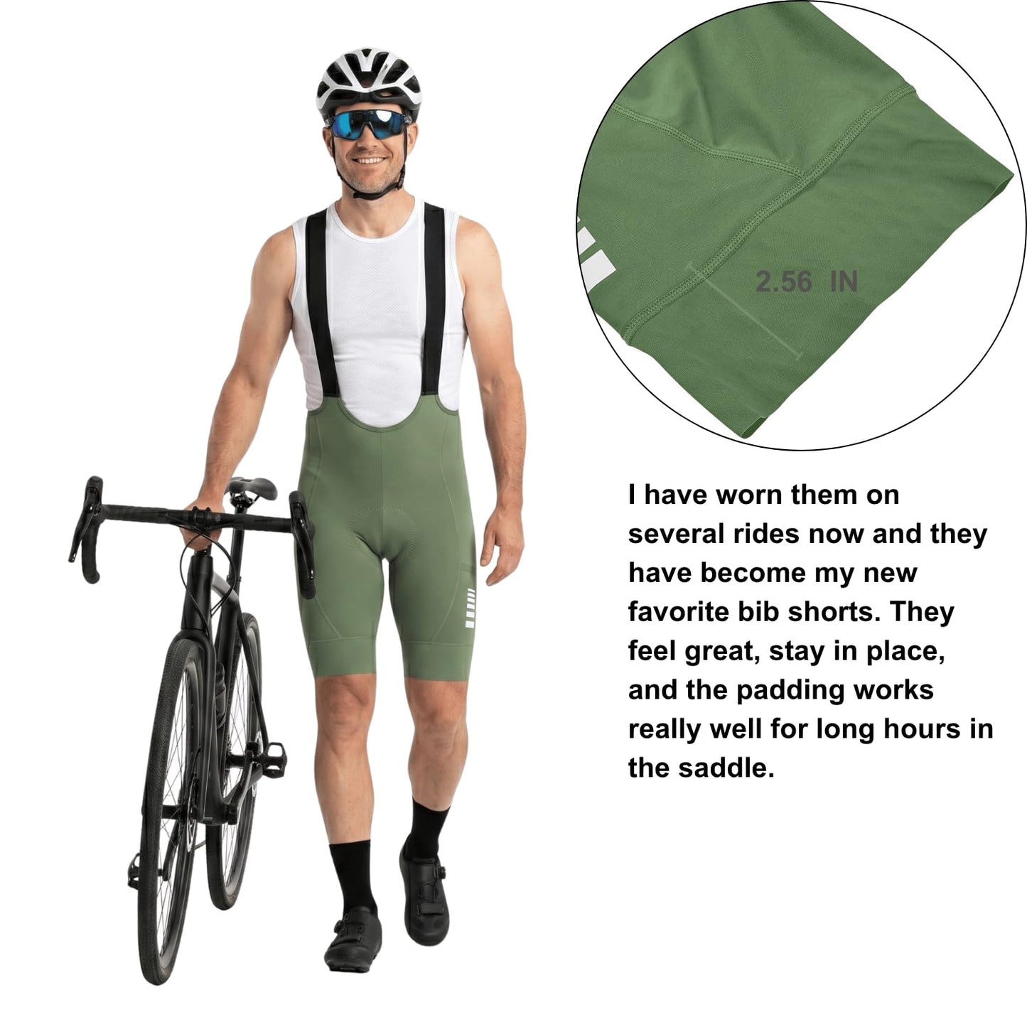 Lo.gas Mens Cycling Bibs Shorts 3D Padded Bike Shorts High Stretch Quick-Dry 3 Pockets & 2.56 Inch Non-Slip Leg Grippers Grass Green L