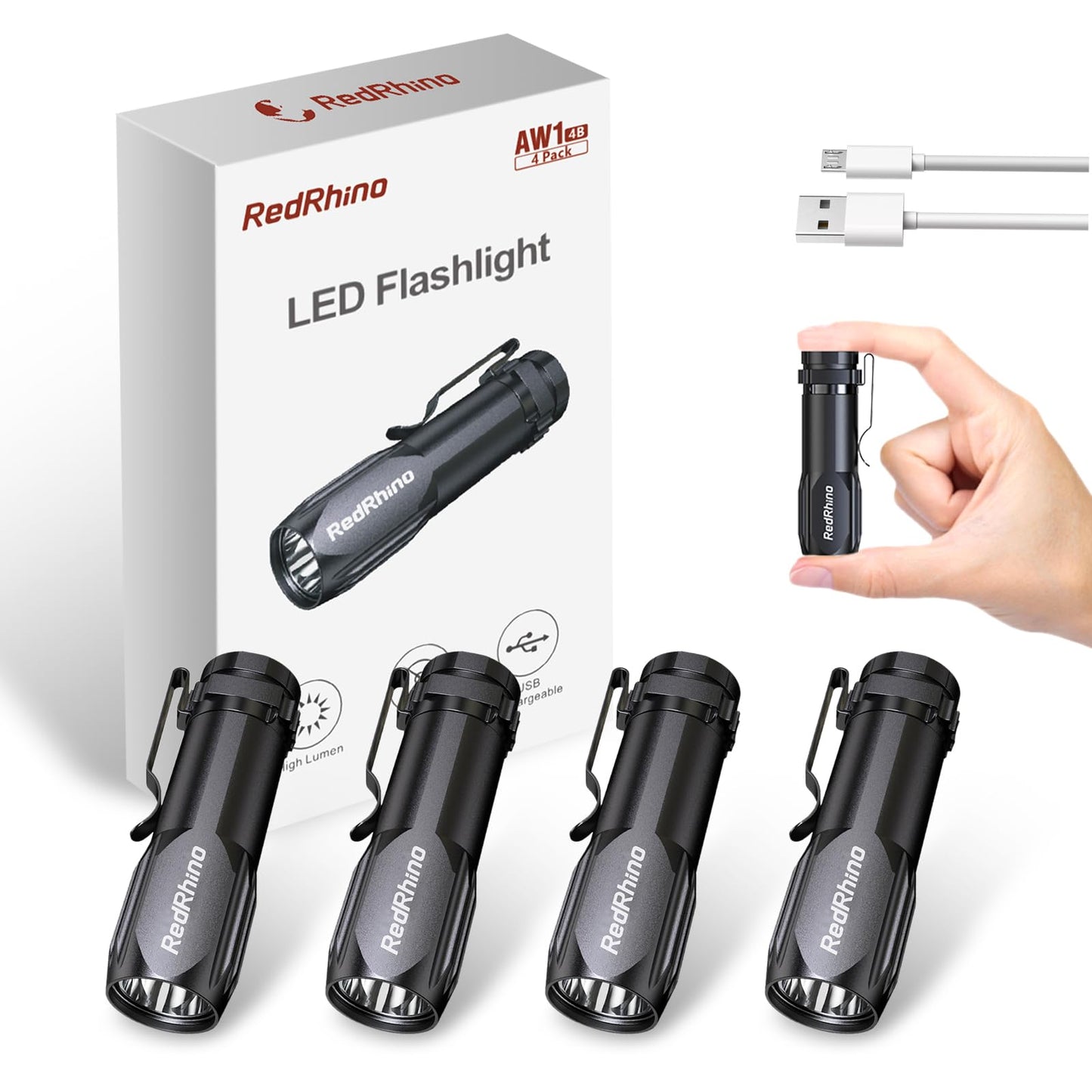 REDRHINO Small LED Flashlight 4 Pack, Rechargeable EDC Compact Pocket Lights, 400 Lumens Mini Flash Light with Clip, Bright Little Flashlights for Home, Emergency, Camping, Outdoor 4B