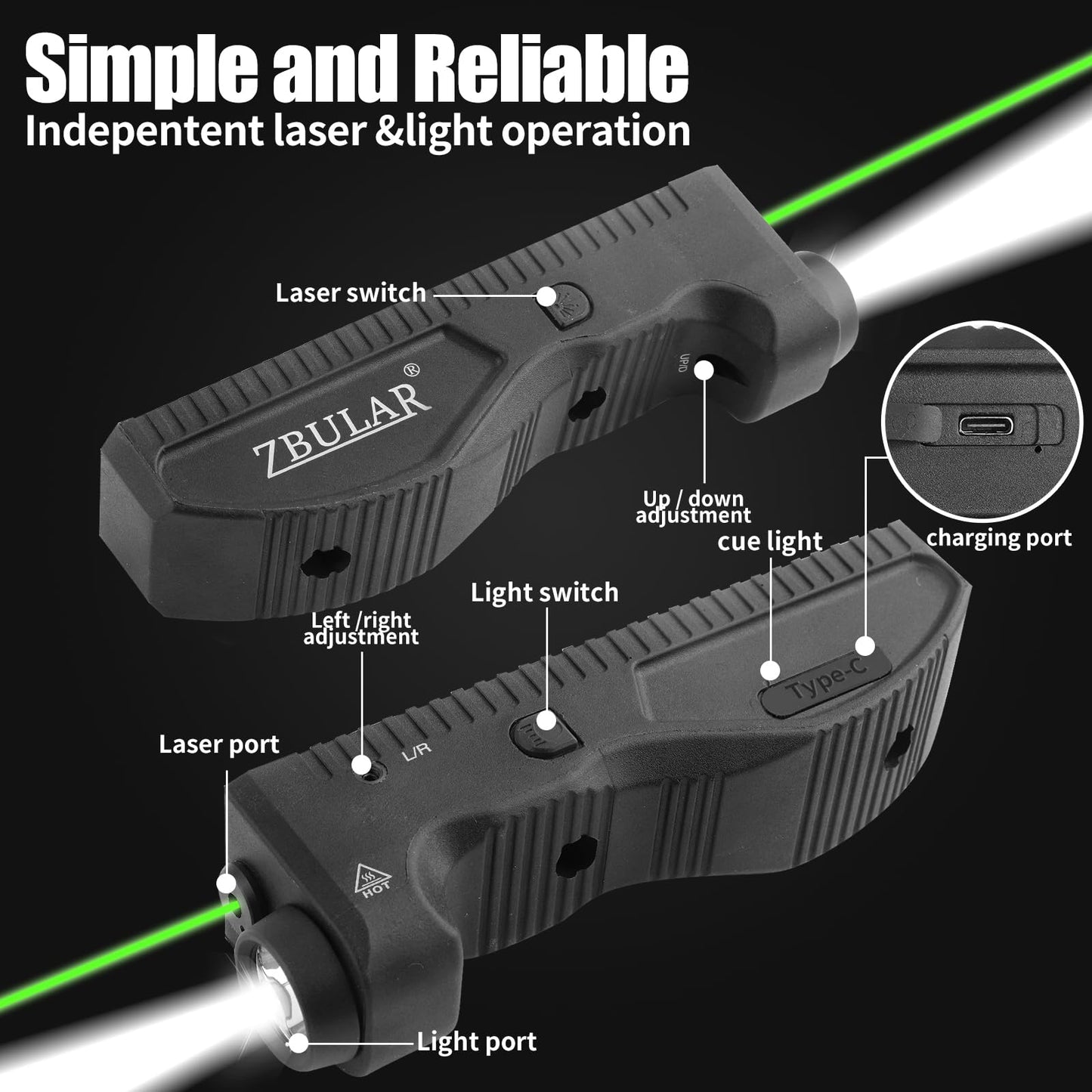 ZBULAR 1650 Lumens Strobe Function,Light Laser Combo Compatible with M-Lok Rail Surface, Tactical Flashlight and Laser Sight,High Real Lumen,USB-C Rechargeable IIIA Class Laser Power Output ≤5mW