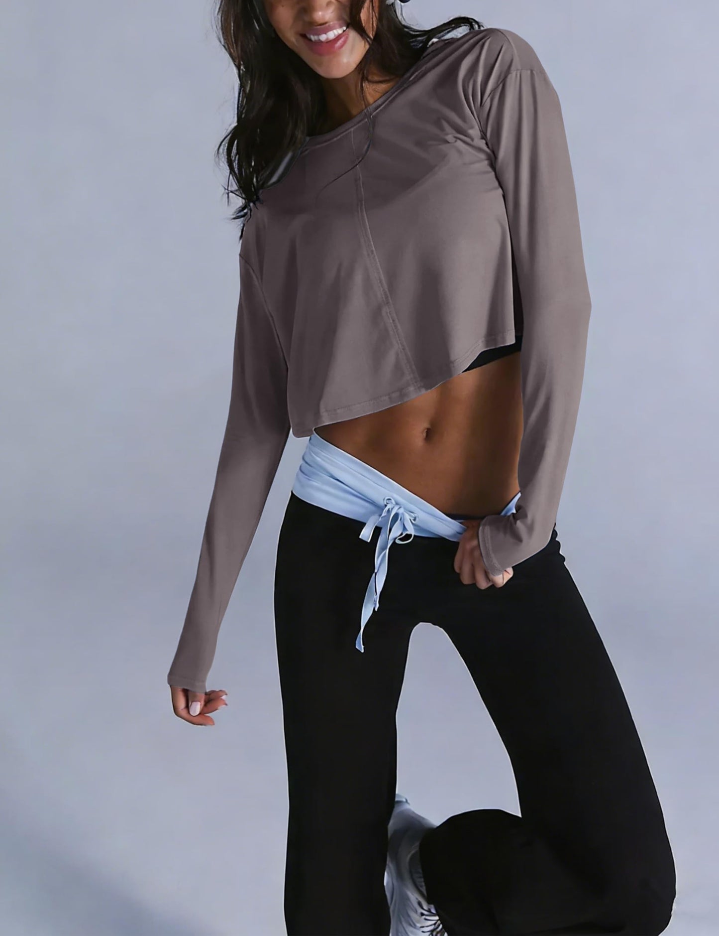 Lviefent Womens Open Back Workout Tops Long Sleeve Cropped Athletic Shirts Blouse Layer Gym Sportswear (Khaki-M)