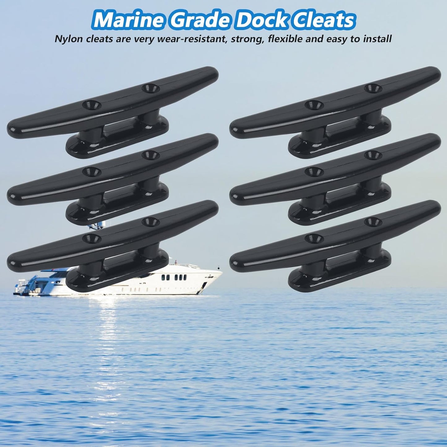 Boat Dock Cleats - Black Nylon Tie Down Cleats with Hardware | 4", 5", 6", 8" Sizes (4 or 6 Pack)