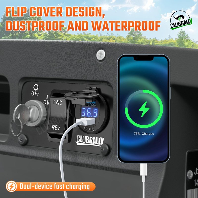 CLUBRALLY Golf Cart Key Switch Console Plate, EZGO TXT Switch Panel with Forward Reverse Switch, DC 9V-48V 3.1A Fast Charge Dual USB Charger, Fit Electric EZGO TXT, Medalist, PDS (Black)