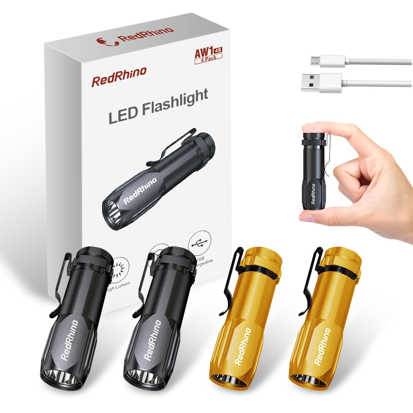 REDRHINO Small LED Flashlight 4 Pack, Rechargeable EDC Compact Pocket Lights, 400 Lumens Mini Flash Light with Clip, Bright Little Flashlights for Home, Emergency, Camping, Outdoor 2B2G