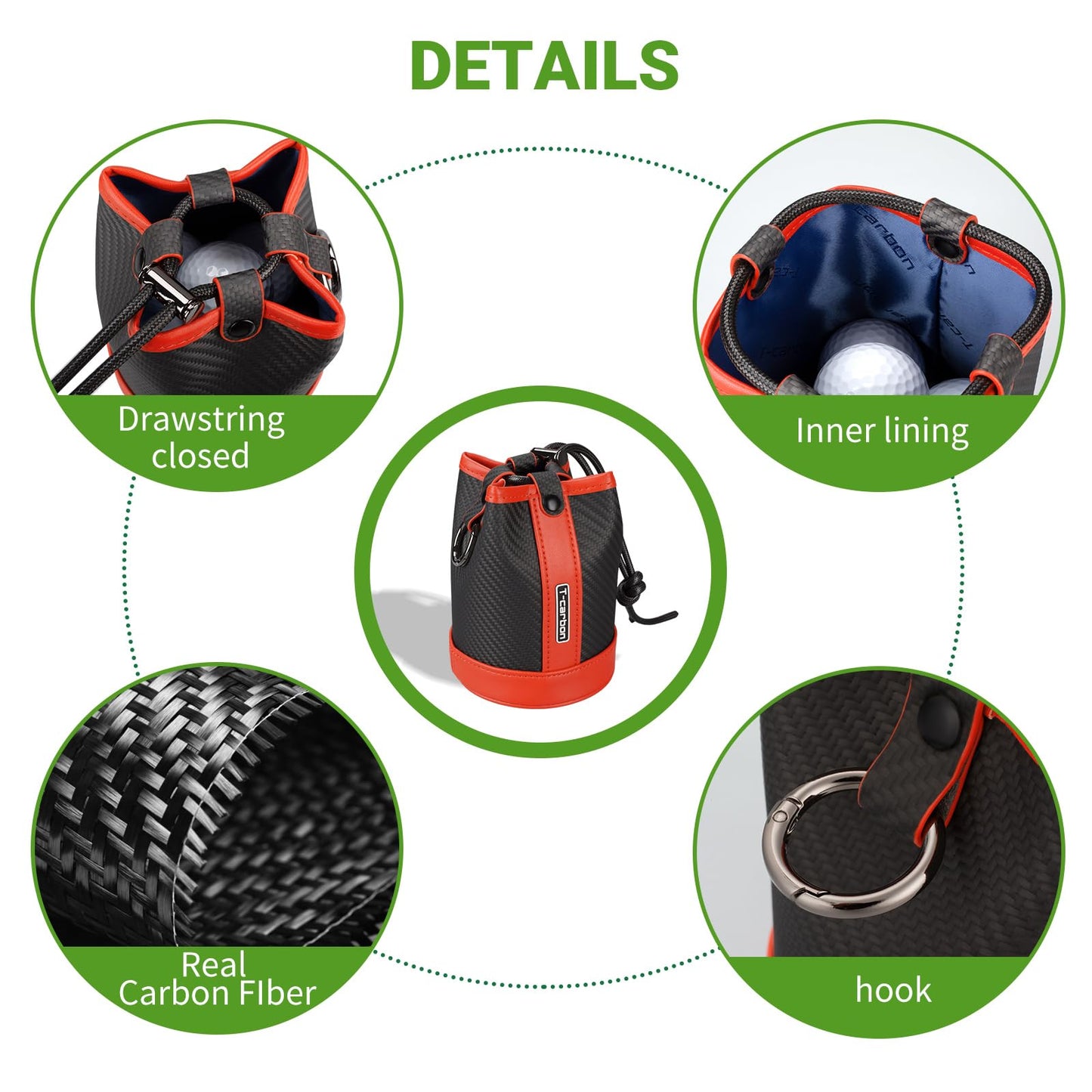 T-carbon Travel Gear Professional Valuables Golf Pouch;Bucket Waist Design Bag with Drawstrings;Carbon Fiber and Leather Golf Tee Bag for Glofers Men Women Very Practical Orange