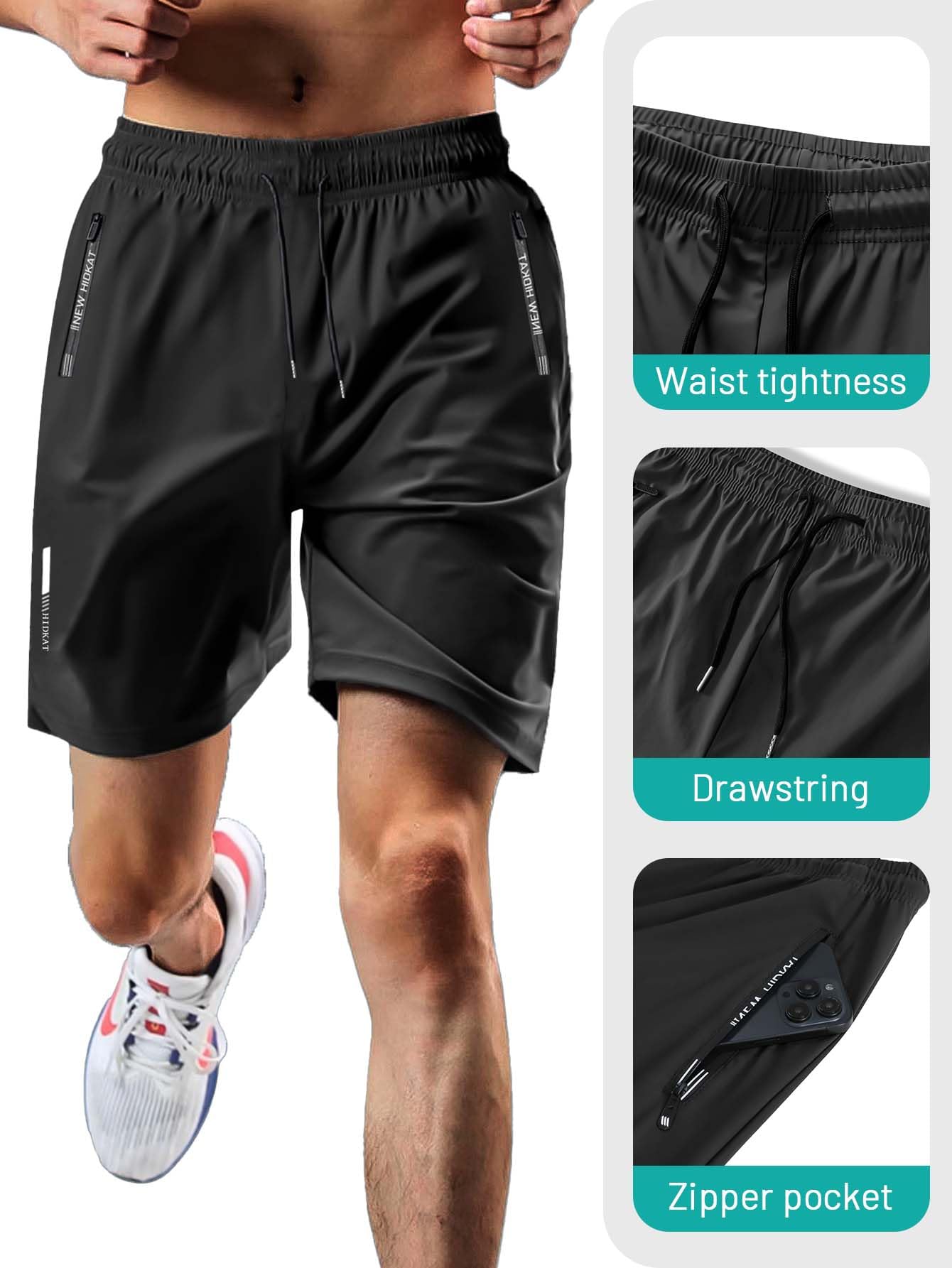 Hidkat Men's Athletic Shorts Lightweight Sport,Gym,Workout，Running Jogging Shorts Quick Dry with Zipper Pockets Black