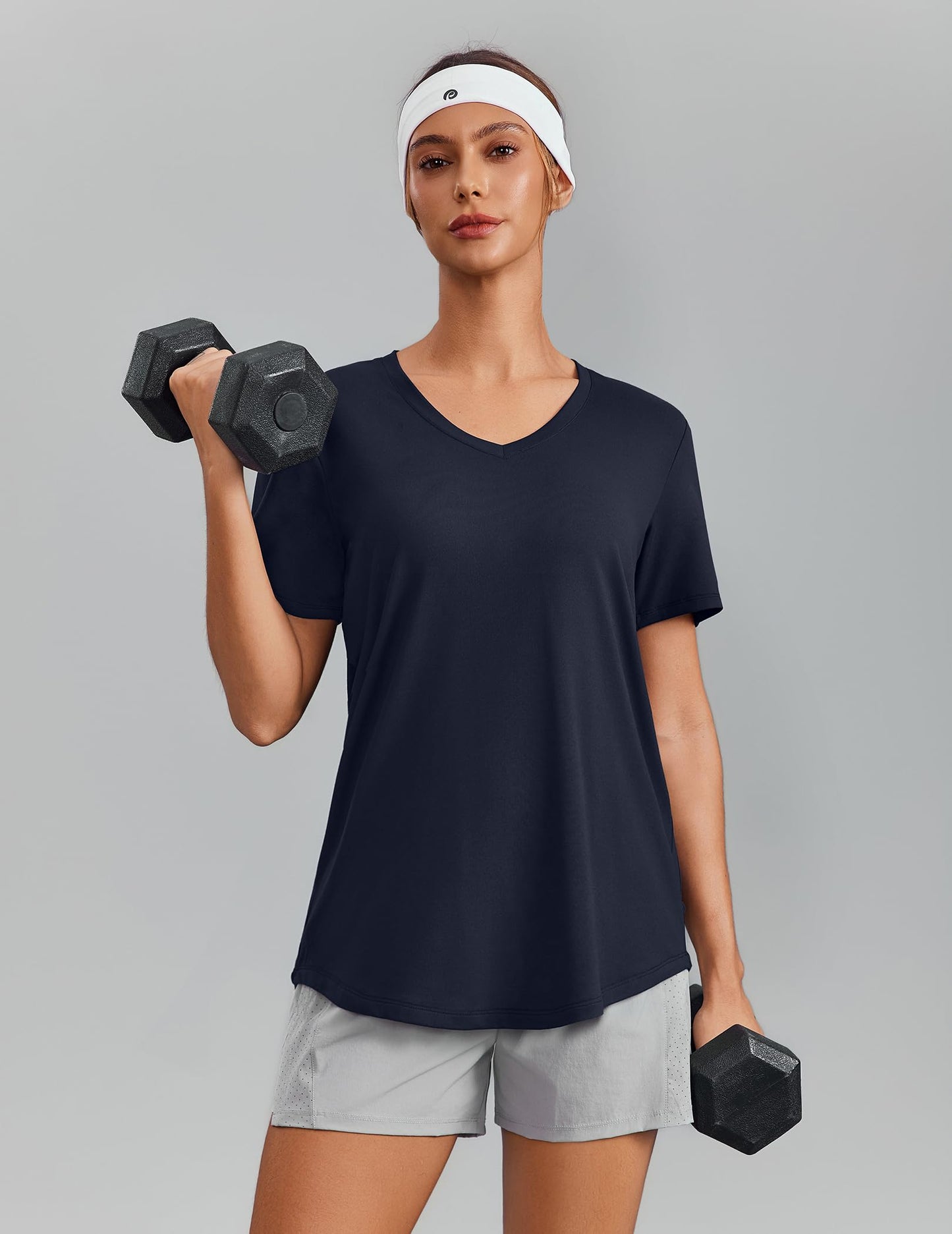PINSPARK Athletic Tops for Women Short Sleeve V Neck Workout Shirts Moisture Wicking Quick Dry Running Gym T-Shirts Lightweight,Dark Navy Medium