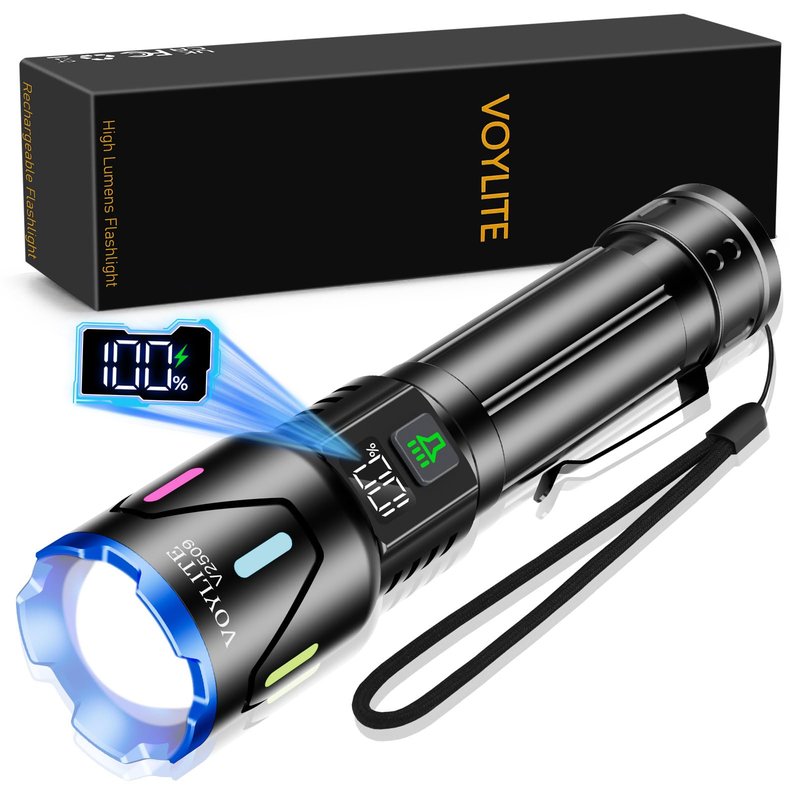Voylite Flashlights High Lumens Rechargeable 5000mAh with LCD Power Display, Super Bright 100000 Lumen Flashlight, IPX7 Waterproof, 3 Modes & Zoomable (1500m), Belt Clip for Camping, Hiking, Emergency