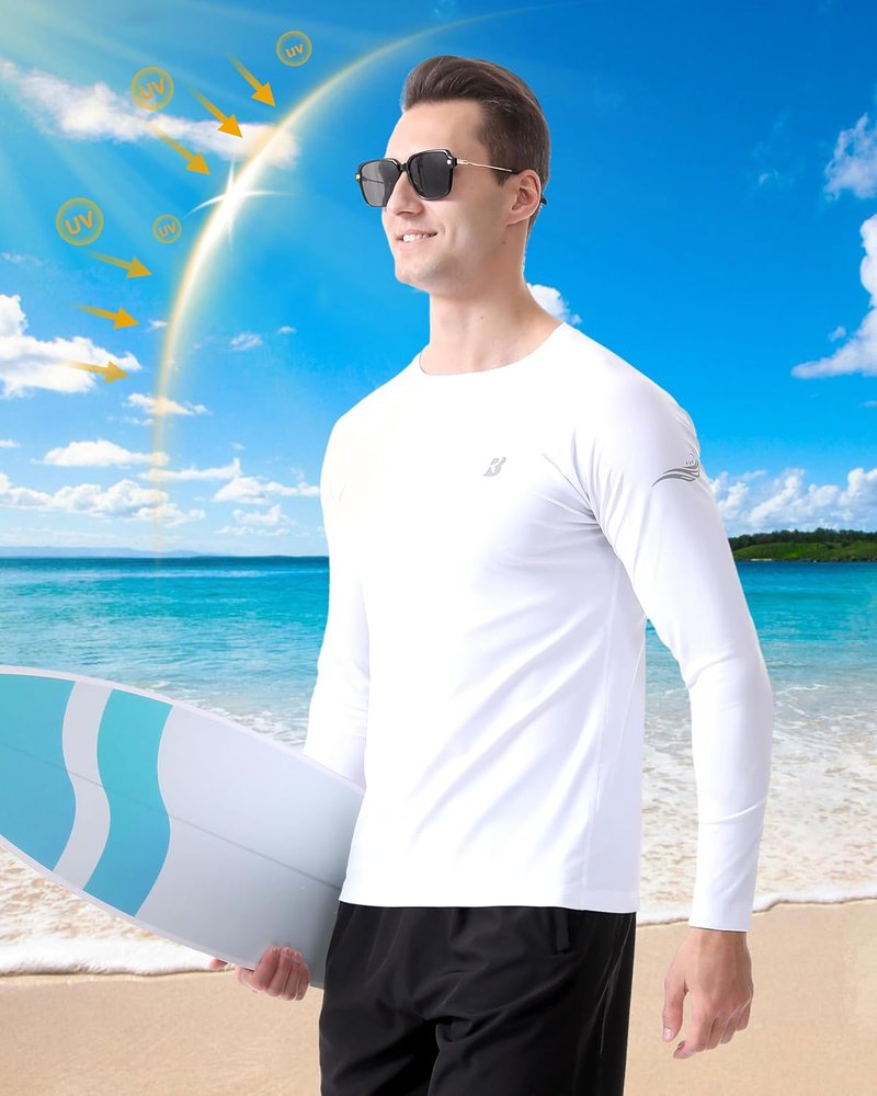 UPF 50+ Men's Long Sleeve Swim Shirt - Sun Protection Rash Guard for Fishing, Beach & Hiking