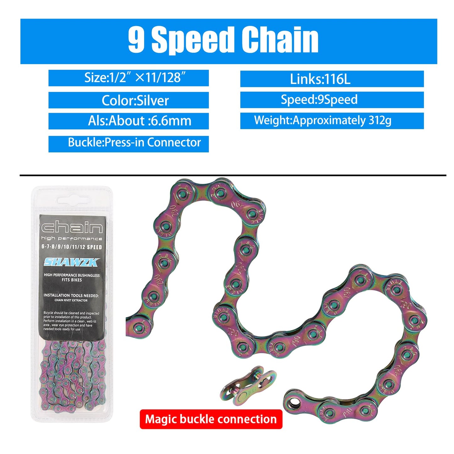 9 Speed Bike Chain,Suitable for Road Bicycles,Mountain Bike Accessories,Rainbow Color,116 Links,Compatible with Shimano/SRAM Mountain, Road Bike