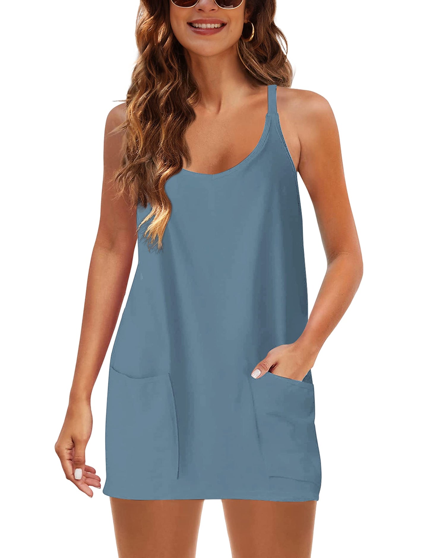Lentta Womens Athletic Sleeveless Mini Dress with Built-in Shorts V Neck Spaghetti Strap Sundress(Bluegrey-XS)