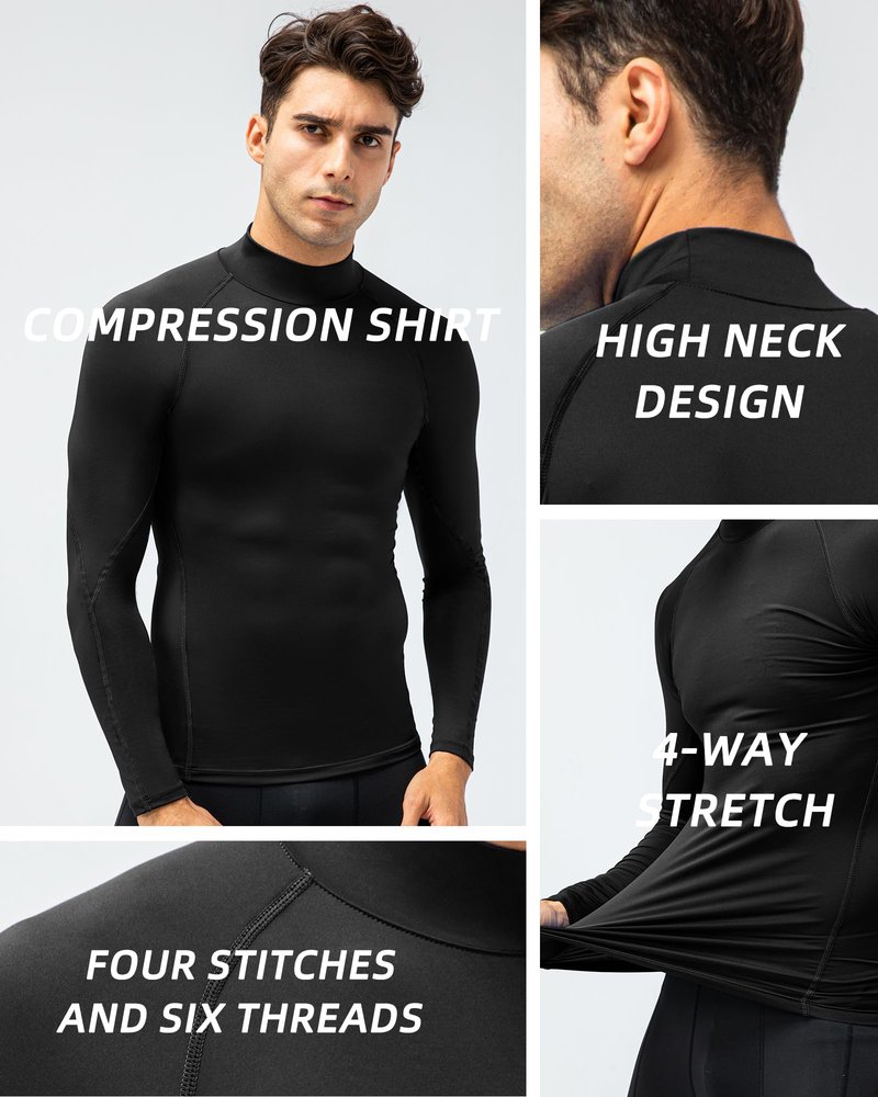 LWISMIL Black Compression Shirt Men Turtle Neck Dry Cool Workout Athletic Base Layer Undershirt for Football Running Basketball