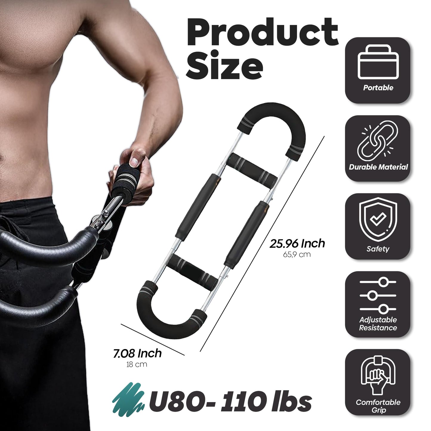 CORESPRINT Twister Arm Exerciser, Adjustable Chest Expander & Shoulder Muscle Forearm Triceps Strength Training Portable Gym Equipment, Home Fitness Arm Enhanced Chest Workout Bar (U80-110 lbs)