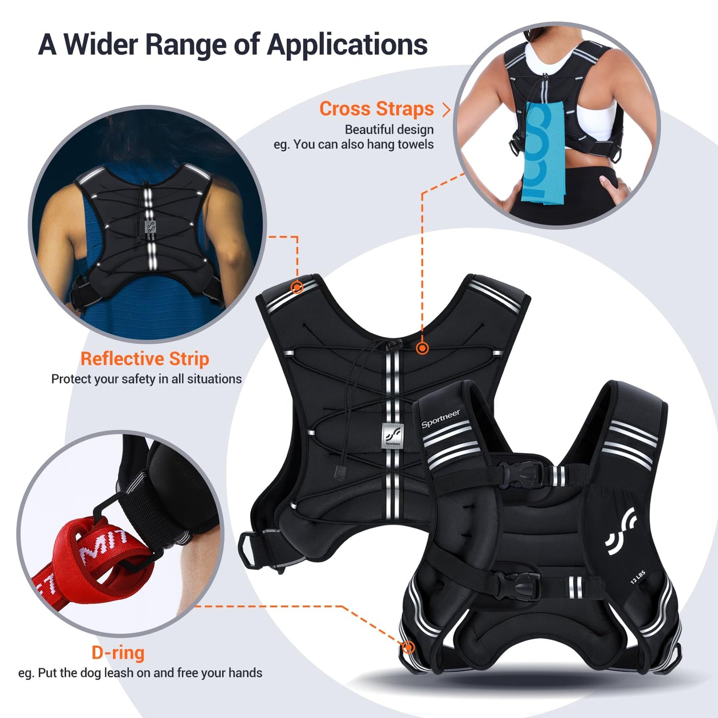 Sportneer Weighted Vest for Women Men: 12lb Comfortable Weight Vest with Storage Pocket Reflective Stripe Rucking Vest for Walking Running Strength Training Fitness Weight Loss Weightlifting Black