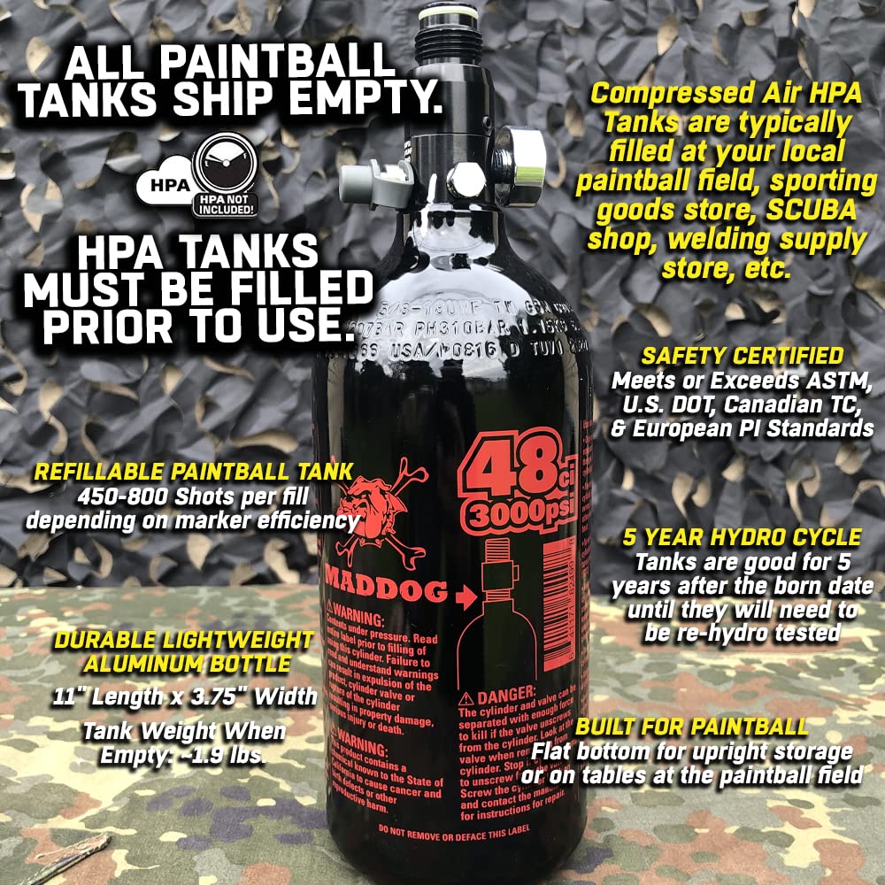 Maddog 48/3000 Aluminum Compressed Air HPA Paintball Tank with Regulator - Airgun Airsoft PCP - Fresh Hydro Date - Ships Empty - Single - Refillable