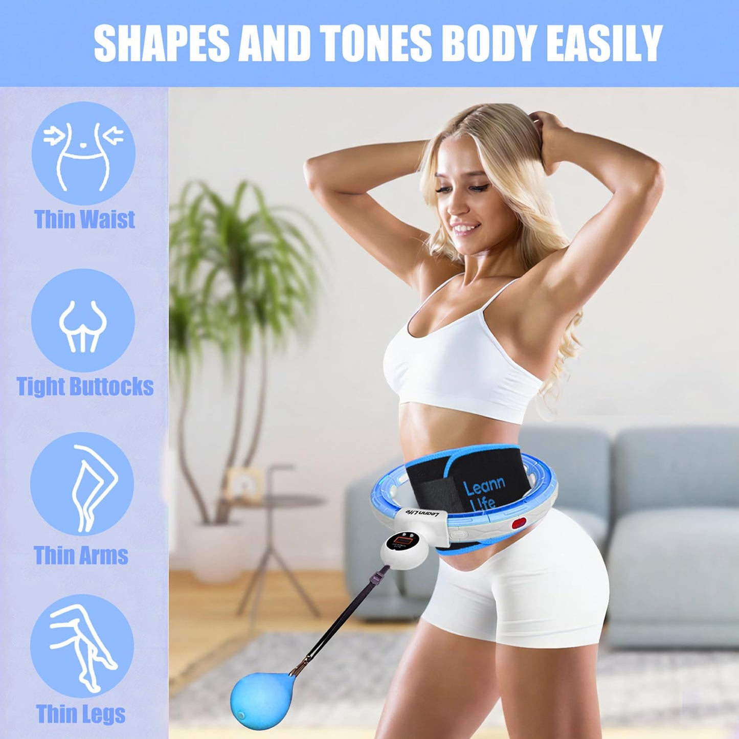 Leann L!fe U5-16 Knots 28”- 46”Counter, Waist Trimmer & Wash Bag, Upgraded Quiet Smart Weighted Hula Hoop for Adults Weight Loss, Infinity Hoop Plus Size, Fitness Exercise, Abdominal Toner, Blue