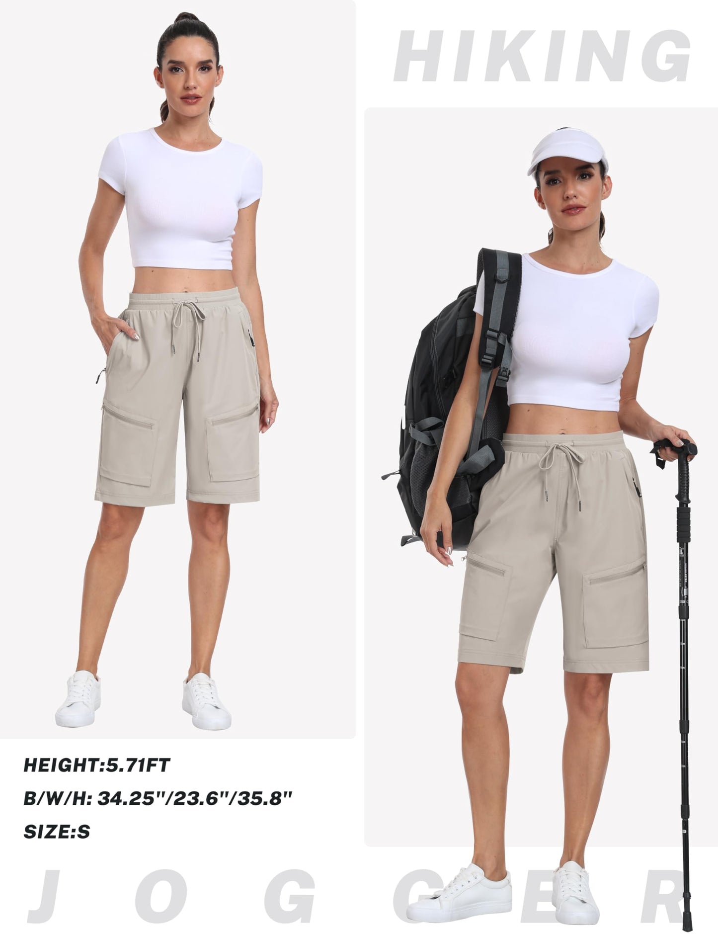 MoFiz Long Shorts for Women Knee Length Quick Dry Half Shorts Women Stretch Womens Long Hiking Shorts Knee Length with Pockets Light Khaki X-Large