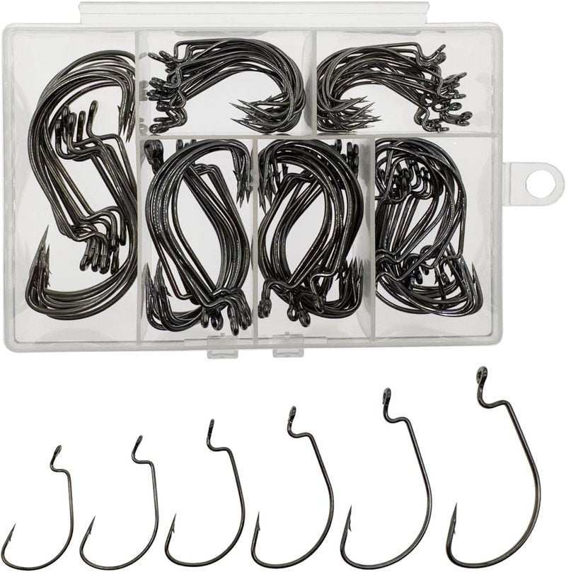 Worm Fishing Hooks for Bass | 110-Piece Set in 6 Sizes | High Carbon Steel with Portable Box