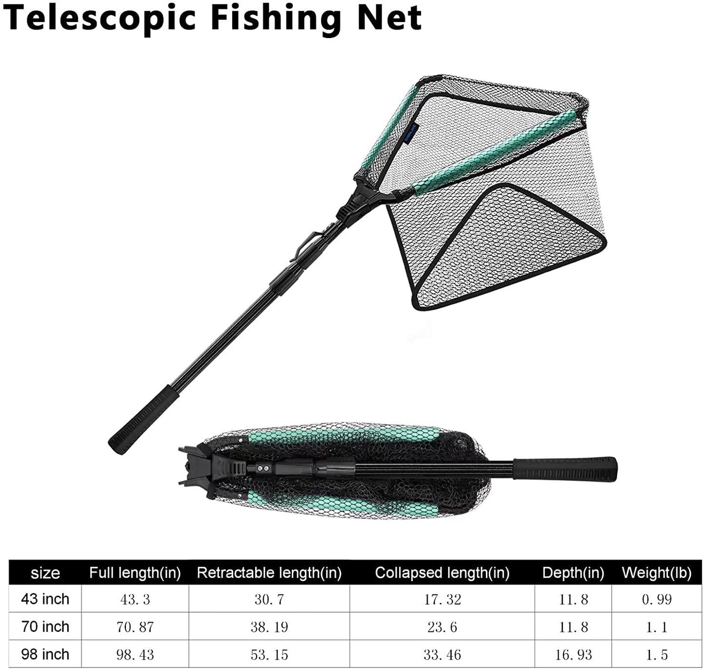 KOMCLUB 98in Black Floating Landing Net, Folding Telescoping Fishing Net‌