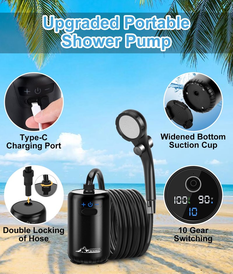 2026 Upgraded Portable Shower for Camping, 8000mAh Rechargeable Camping Shower with Fahrenheit Display, 10 Gear Switching, IPX8 Waterproof, Ideal for Outdoor Camping, Travel, Car Washing, Pet Bathing