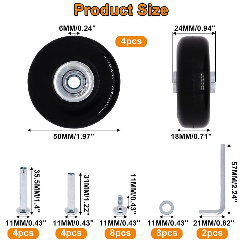 ZHMEINA 50mm x 18mm Luggage Wheels Replacement Set, Suitcase Replacement Wheels, Set of 4 PU Roller Swivel Wheel with Bearing ID 6mm, Axles 32mm & 36mm, for Trolley Carry-on Roller Travel Bags
