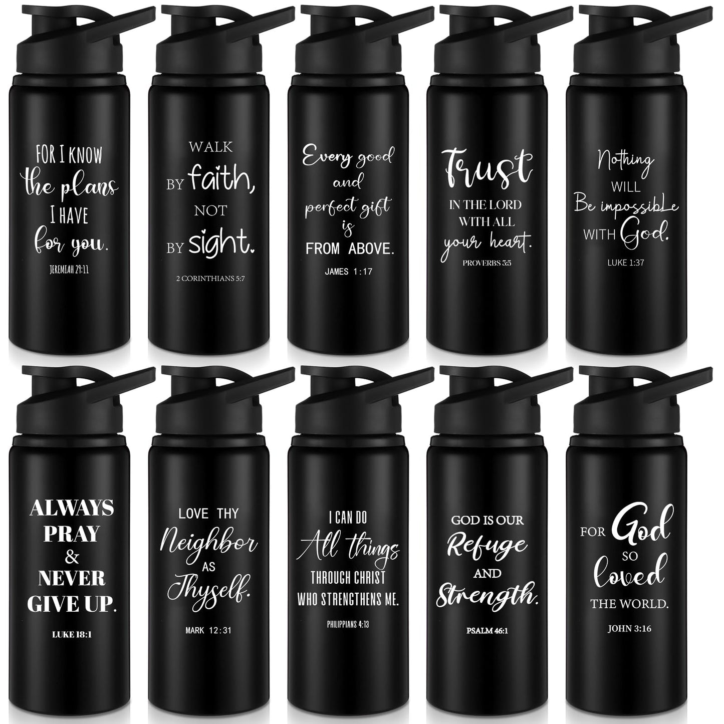 Skybooly 10 Pcs Christian Religious Aluminum Water Bottles Bulk 20oz Father's Day Bible Verse Leakproof Reusable Sport Bottle Gift for Church Men Teacher Nurse Gym Travel(Black,English)