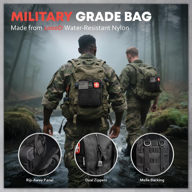 Trauma First Aid Kit - IFAK Trauma Kit with Trauma Bandage, Splint, Tourniquet, Wound Care, Bleeding Control - Tactical Molle Pouch for Military, Combat, Camping, Home, Hiking,Travel- Black