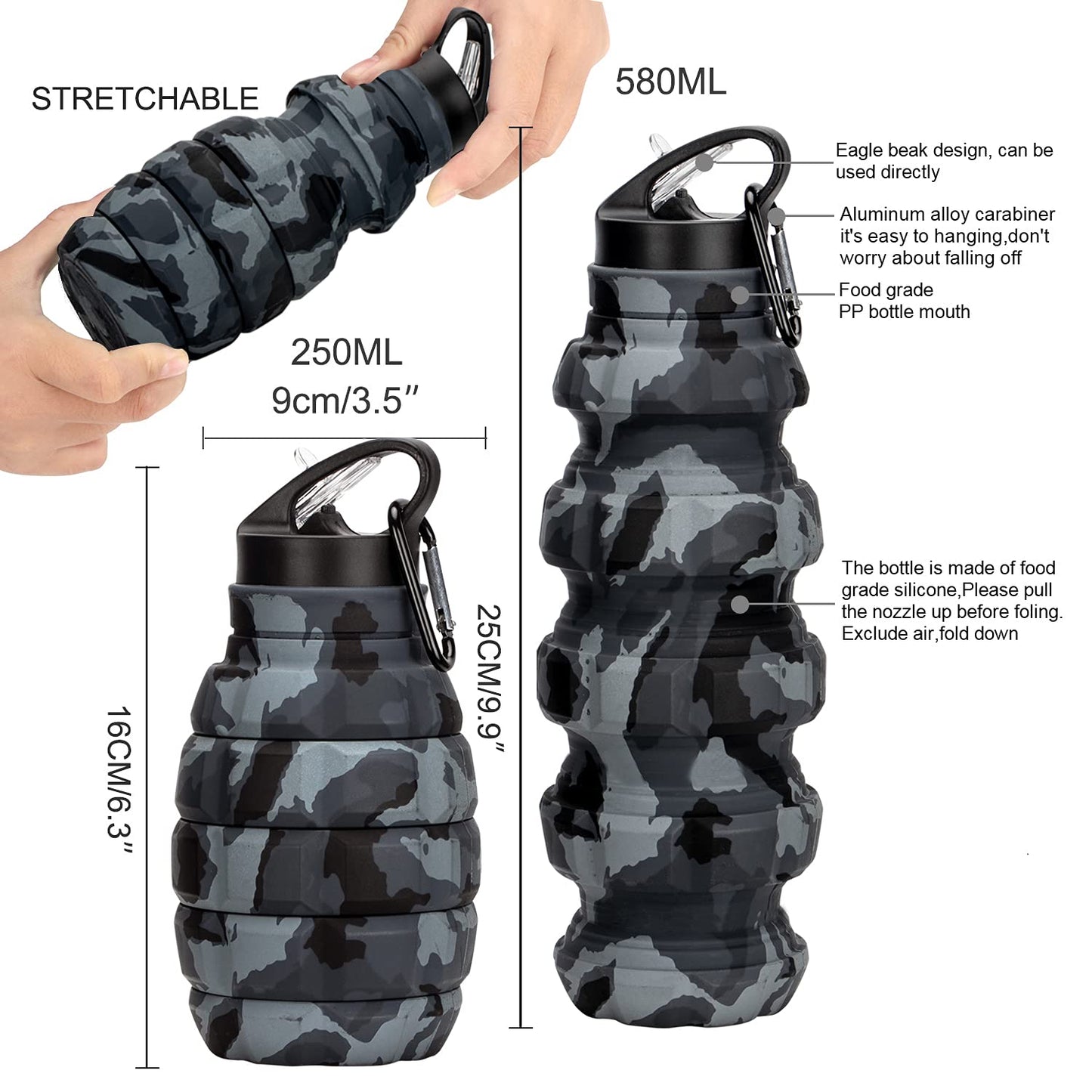 PenghaiYunfei Collapsible Travel Water Bottle18oz, Reuseable Silicone Foldable Water Bottles for Gym Camping Hiking, Portable Leak Proof Sports Water Bottle with Carabiner (Dark gray camouflage cup)