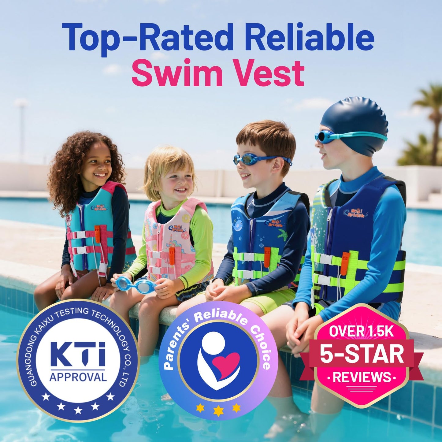 HeySplash Toddler Swim Vest, Kids Swimming Jacket Toddler Floaties with Adjustable Strap, Float Jacket for Puddle Pool Jumper, Beach, Boating, Learn to Swim Aid Fits 6-9Years/50-80Lbs, Indigo