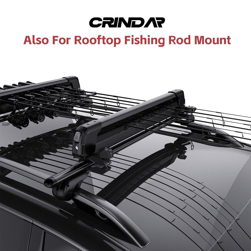 CRINDAR Ski & Snowboard Rack for Car Roof, Fishing Rod Rack, 27.5'' Loading Width Fits 6 Pairs of Skis or 4 Snowboards, Aluminum Roof Rack with Lock & Rubber Padding