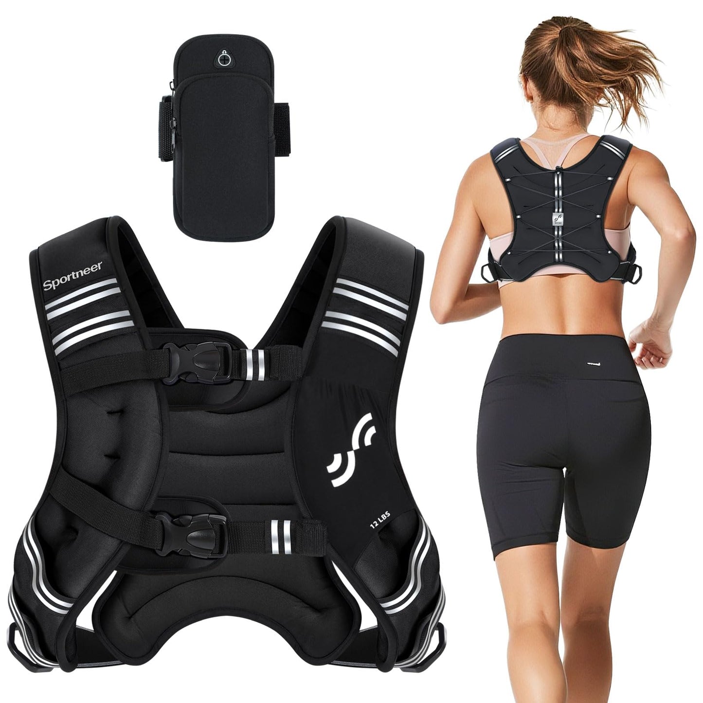 Sportneer Weighted Vest for Women Men: 12lb Comfortable Weight Vest with Storage Pocket Reflective Stripe Rucking Vest for Walking Running Strength Training Fitness Weight Loss Weightlifting Black
