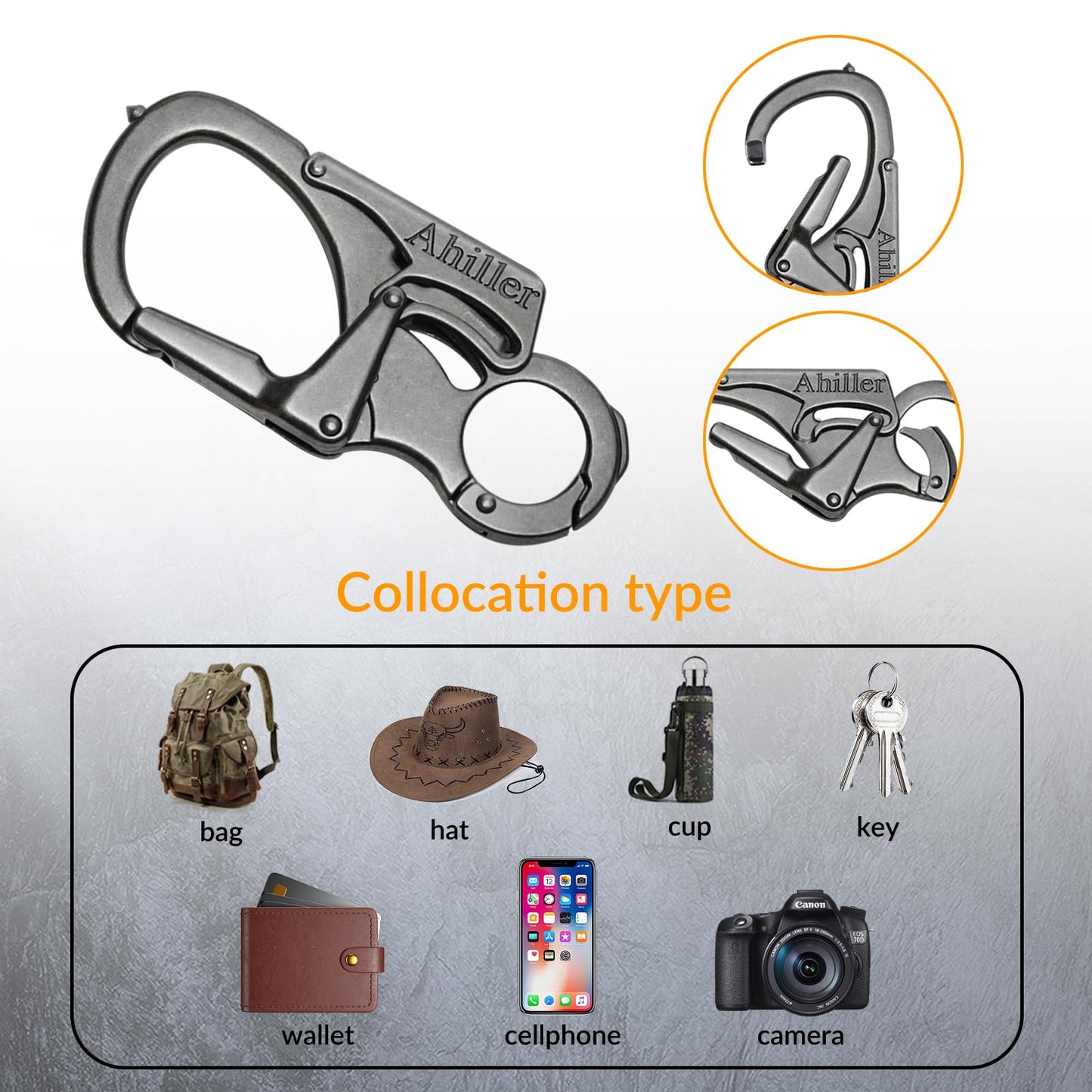 Ahiller 3" Carabiner Keychain Clip, Rugged Alloy Double Lock Design - Tungsten Steel Spike - Multi Tool Caribina, Small Key Ring Clip for Camping Hiking Fishing Outdoor Survival [Gunmetal-1P]