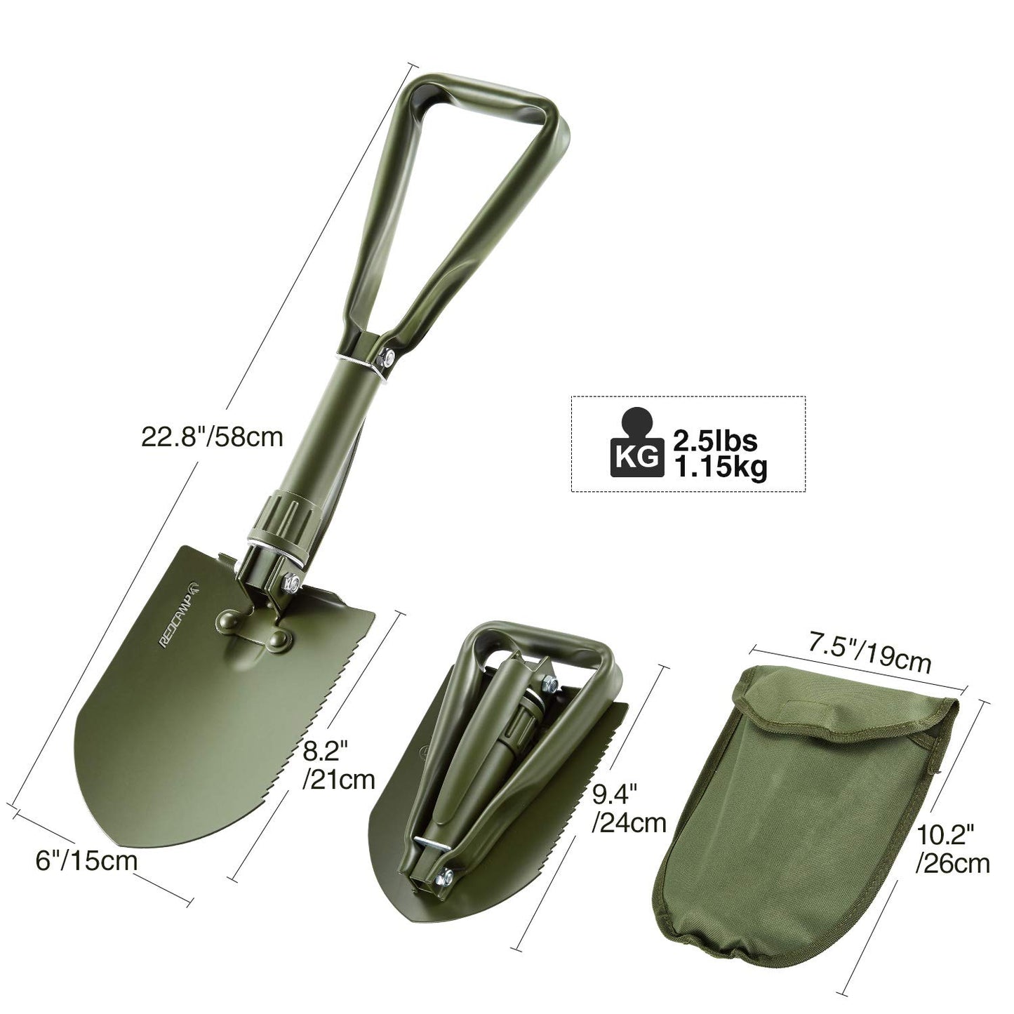 REDCAMP 22.8’‘ Military Folding Camping Shovel，High Carbon Steel Entrenching Tool Tri-fold Handle Shovel with Cover，Green 2.5lbs