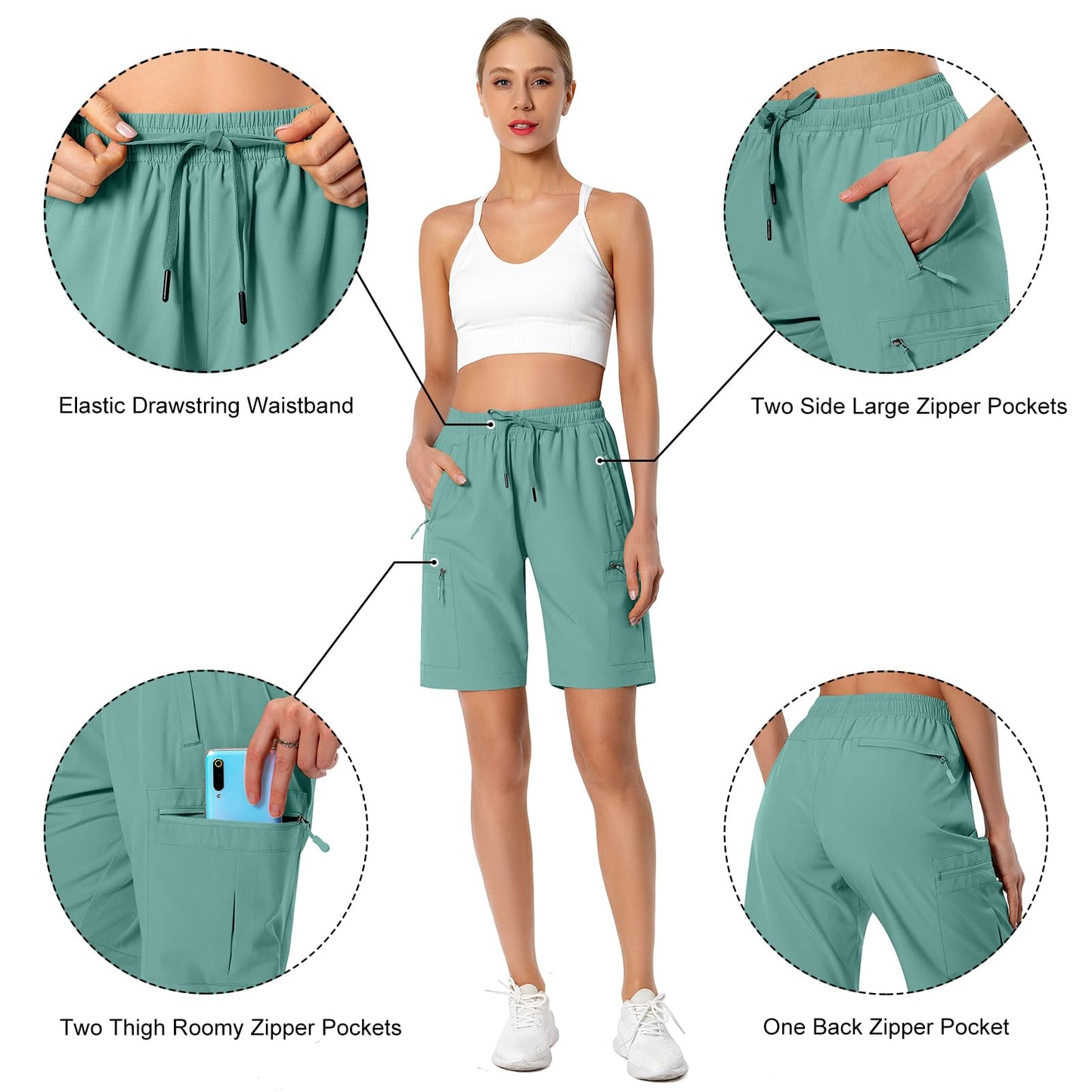 Hugut Women's Lightweight Hiking Cargo Shorts Quick Dry Athletic Shorts Camping Travel Golf Zipper Pockets Water Resistant