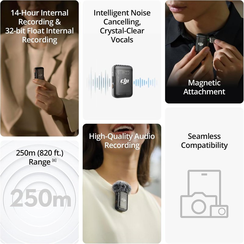 DJI Mic 2 Wireless Microphone - Intelligent Noise Cancelling, 250m Range | Compatible with iPhone, Android, Camera, Vlogs