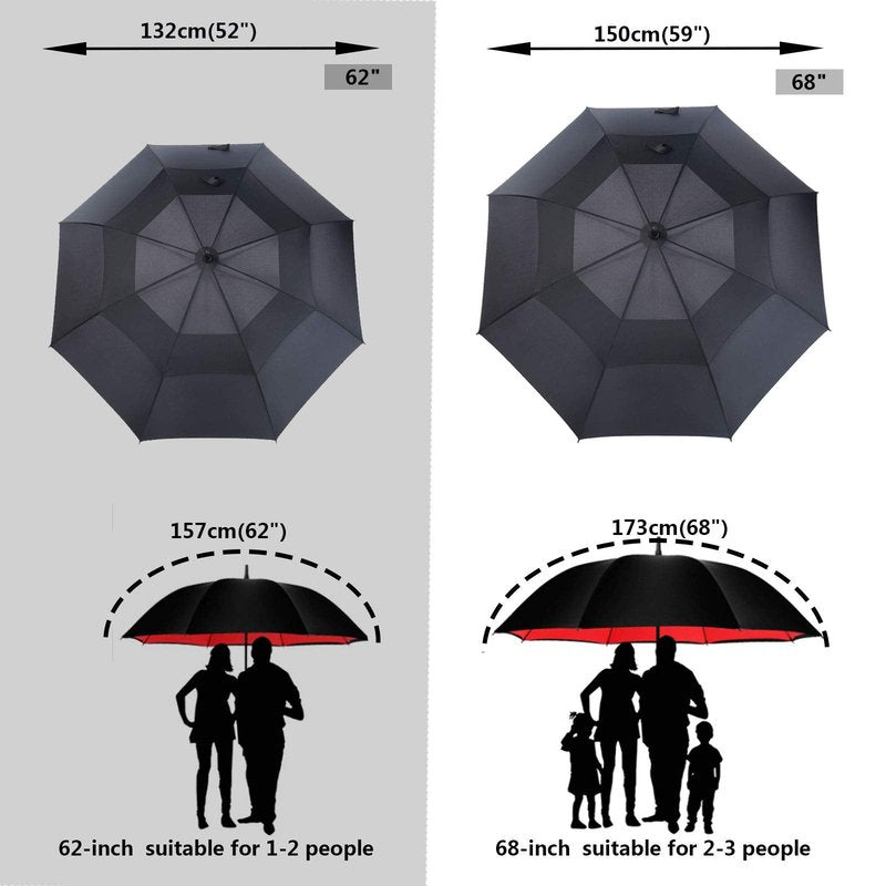 MRTLLOA 6 Pack 62/68 Inch Automatic Open Golf Umbrella, Extra Large Oversize Double Canopy Vented Windproof Waterproof Stick Umbrellas for Rain(62 Inch, Black)
