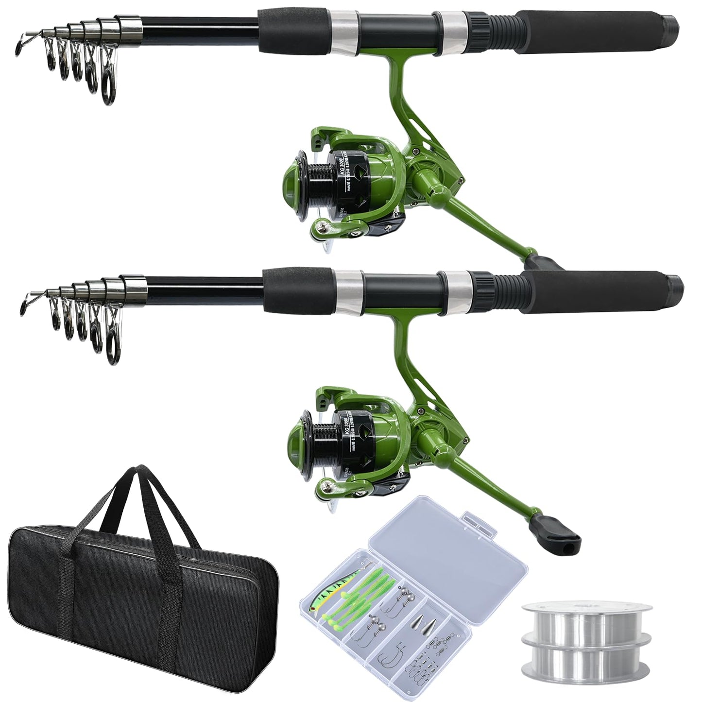 2PACK Fishing Pole Combo,Fishing Rod Combos with Telescopic Fishing Pole Spinning Reels Fishing Carrier Bag for Travel Saltwater Freshwater (Green)