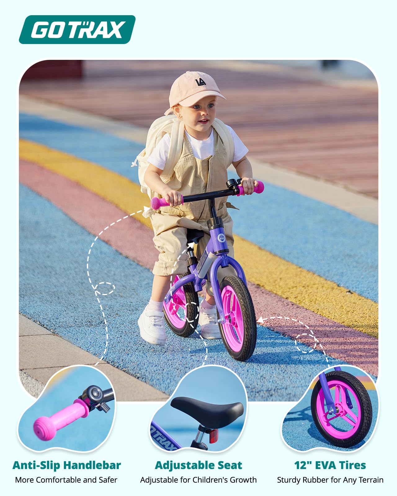 Gotrax KS12 Balance Bike, 12" Toddlers Push Bike with LED Light, Adjustable Seat & Handlebar, Flat-Free Tires & Easy Assembly Kids Bicycle, Lightweight & No Pedal, Gift for Boys Girls, Purple