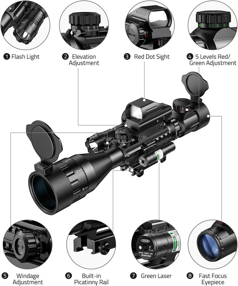 MidTen 4-16x50 AO Hunting Rifle Scope - Dual Illuminated Optics & Holographic Red/Green Dot Sight | Laser Sight & Flashlight
