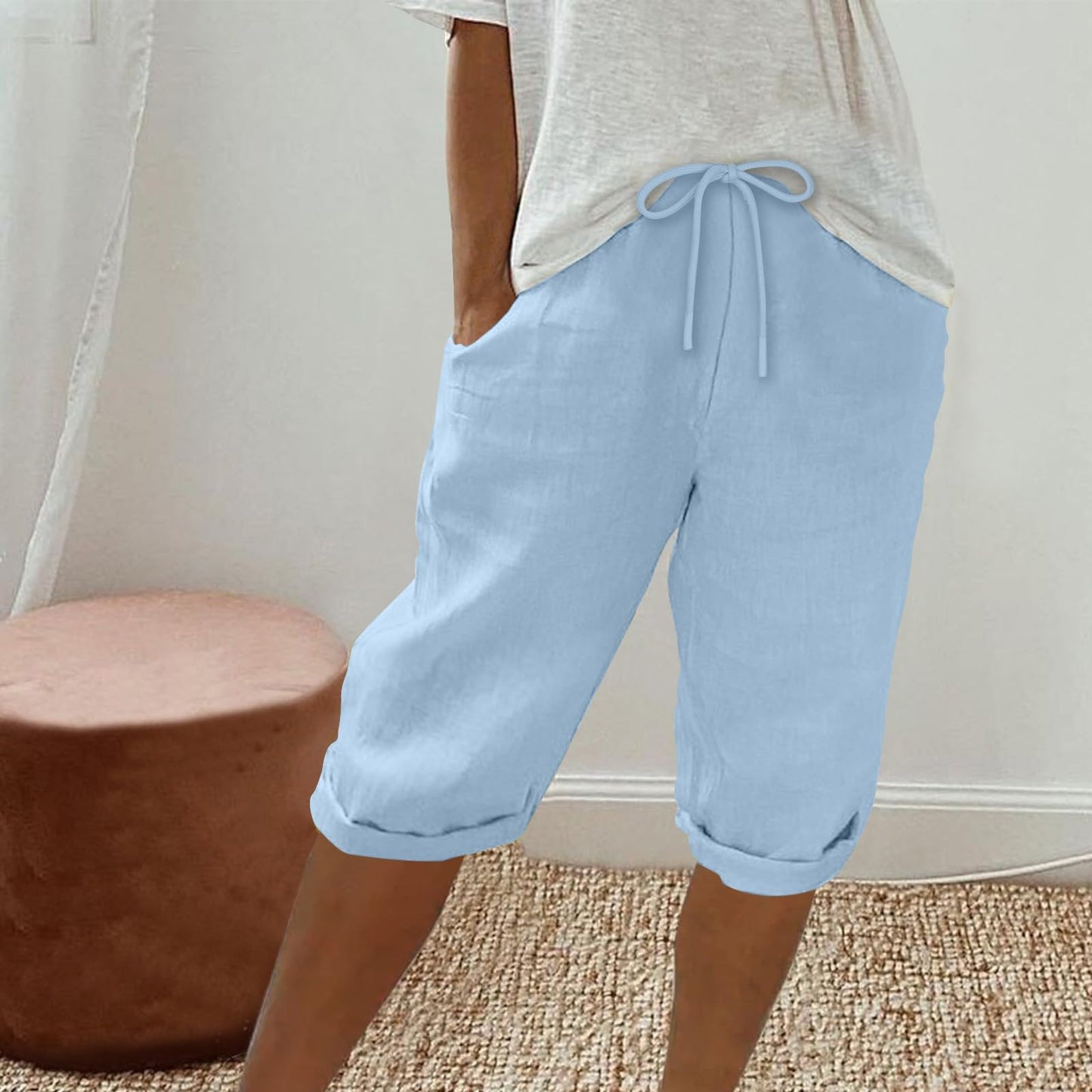 Athletic Shorts for Women Women Linen Shorts Summer Knee Length Shorts High Waisted Bermuda Shorts Beach Capris Sweat Lounge Shorts with Pocket Prime Deals Today Clearance