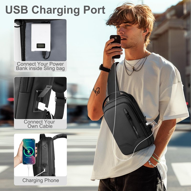 Sling Bag for Men Women Chest Bag Should Bags for 11.3 Inch iPad with USB Charging Port Water-Resistant Crossbody Sling Backpack LightWeight Anti-Theft Casual Daypack for Travel Sports Hiking-Black