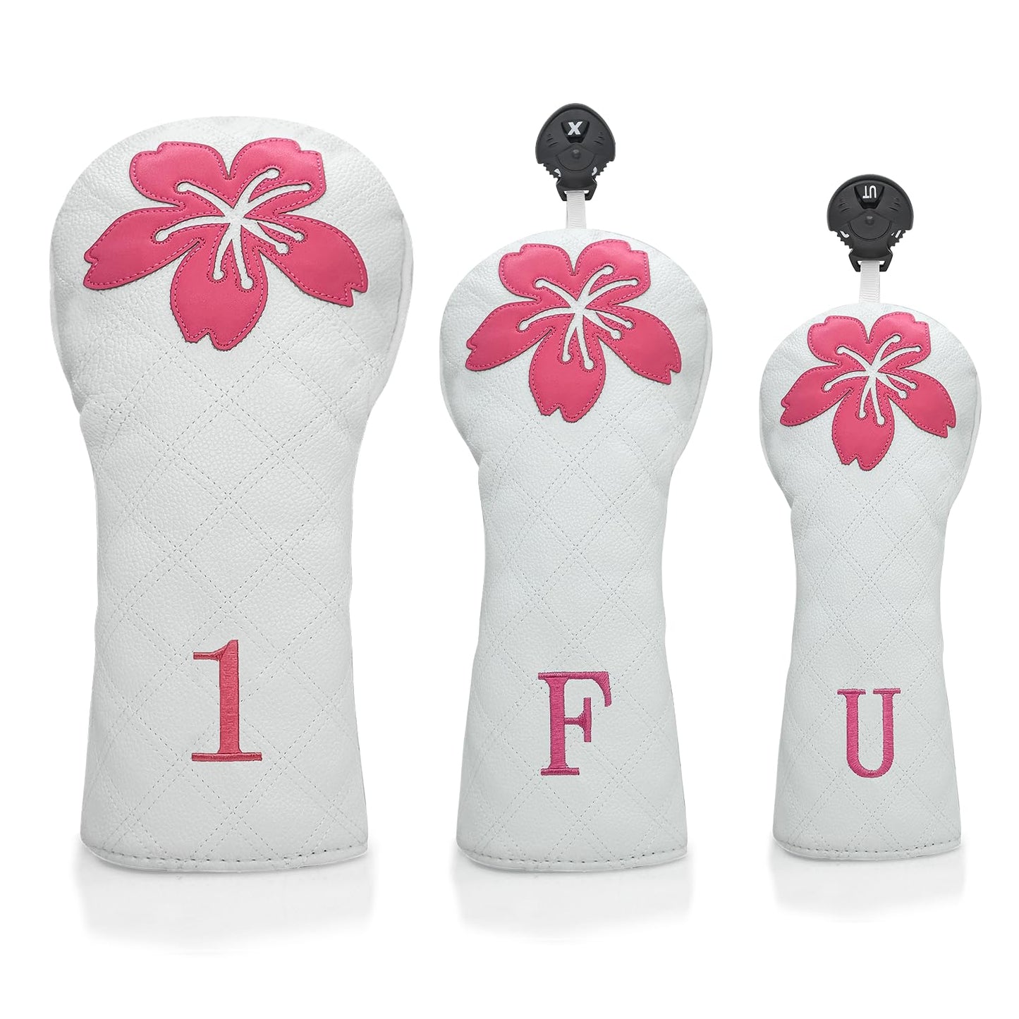 Grid Cherry Blossom Design Golf Covers PU Headcovers Set Fits Driver Fairway Wood Hybrid Utility Woods Iron Wedge Headcover, Premium Leather Golf Headcovers