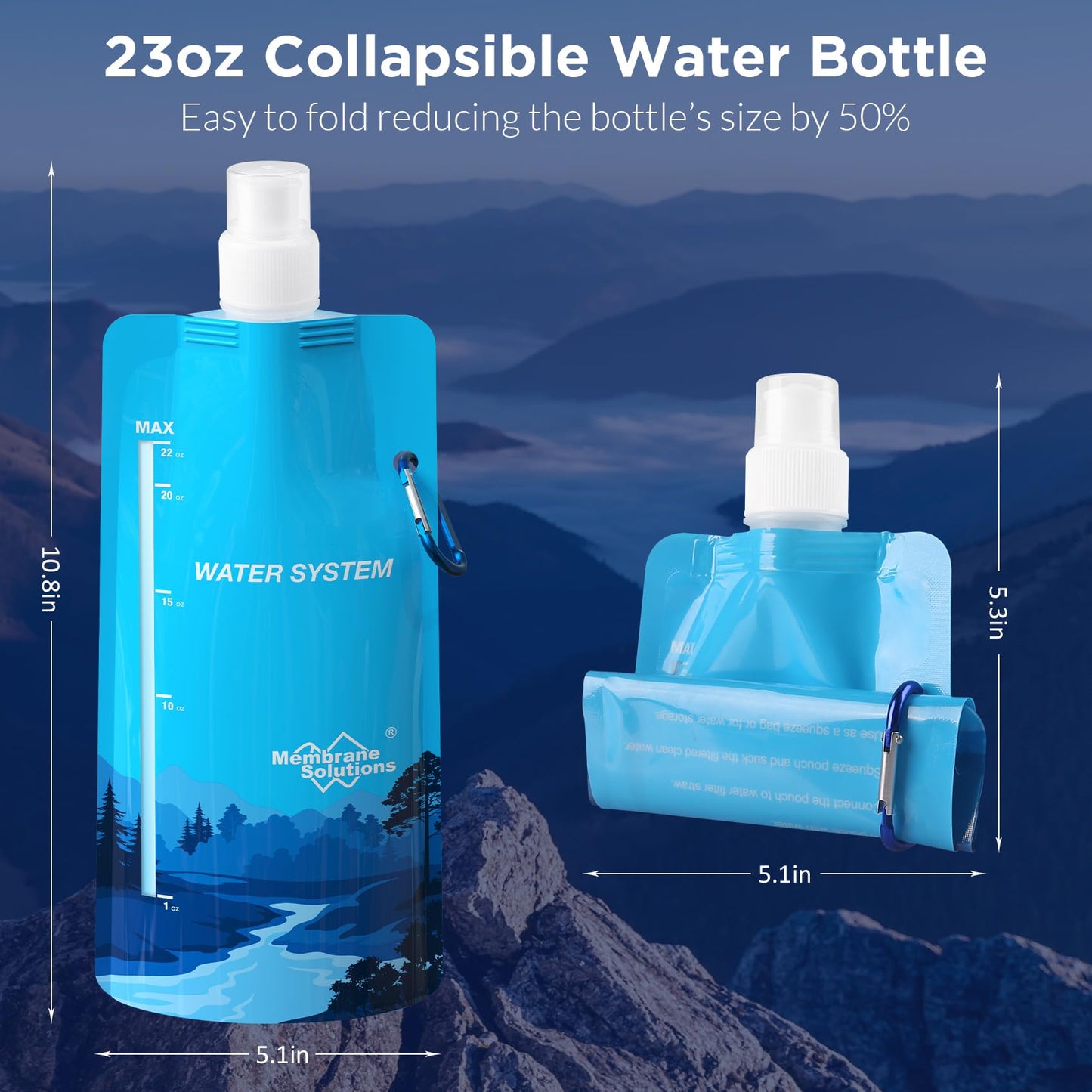 Membrane Solutions 23oz Collapsible Water Bottle for Water Filter Straw, Reusable Water Pouch with Carabiner and Measurement, Foldable Water Container Bag for Hiking Camping Travel Emergency - 4 Pack