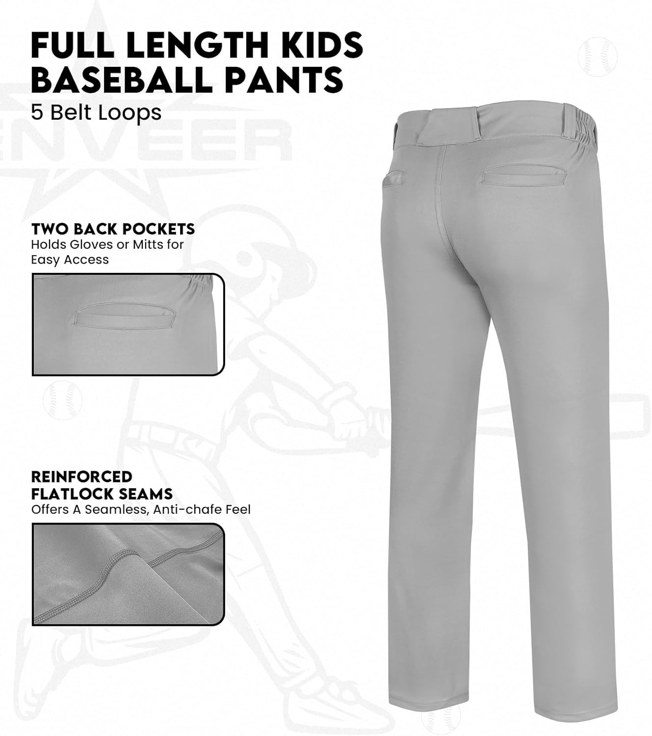 Youth Baseball Pants - Full Length Open Bottom Design for Boys | Durable Snap Closure & Softball/T-Ball Fit
