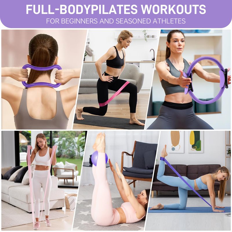 ARCUAT Pilates Essentials Kit for Home Workouts Women, Pilates Equipment Ring Set with Yoga Ball Resistance Band Stretching Band, Beginner Toning Fitness Pilates Starter Accessories Kit (Purple)