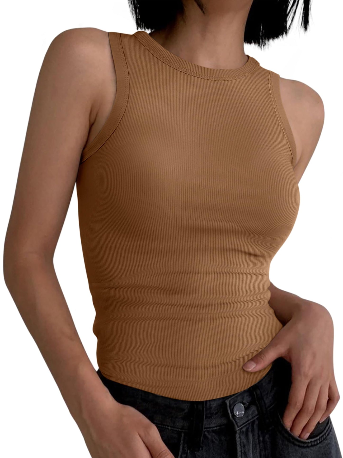 ANRABESS Womens Sleeveless High Neck Tank Tops Fashion Summer Casual Basic Slim Fit Ribbed Racerback Top Shirt Clothes Coffee X-Large